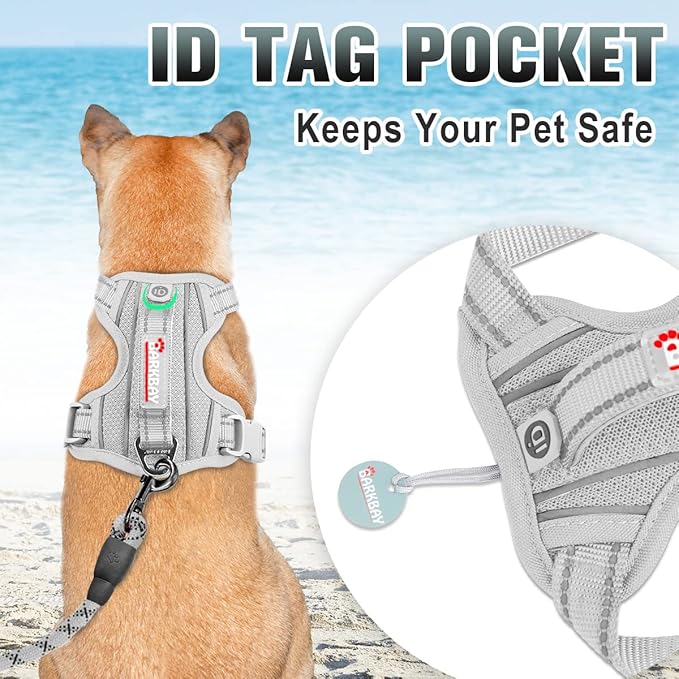 BARKBAY No Pull Dog Harness Large Reflective Dog Harness with Front Clip and Easy Control Handle for Walking Training Running with ID tag Pocket(Grey,L) BARKBAY