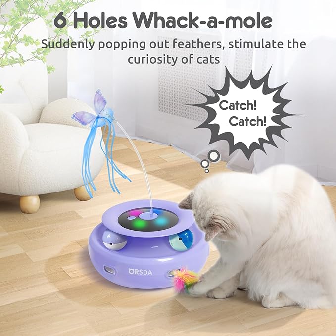 ORSDA Cat Toy, 3-in-1 Automatic Cat Toys for Indoor Cats, Electronic Whack a Mole, Fluttering Butterfly,Track Balls Kitten Toy, Rechargeable Power Interactive Feather Toys for All Breeds - PAWPICO
