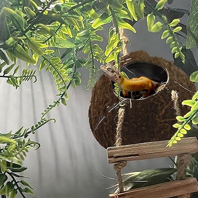 5PCS Coconut Hut for Gecko, Lizard Coco Den with Ladder and Reptile Hammock Bearded Dragon Tank Accessories Climbing Hanging Plants Jungle Vine Flexible Reptile Leaves Decor MUYG