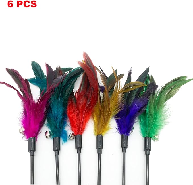 Cat Wand Toy Feather Stick Cat Toys, 6 PCS Cat Feathers Wand Toy, Interactive Cat Toy Feather Wand for Indoor Cats - PAWPICO