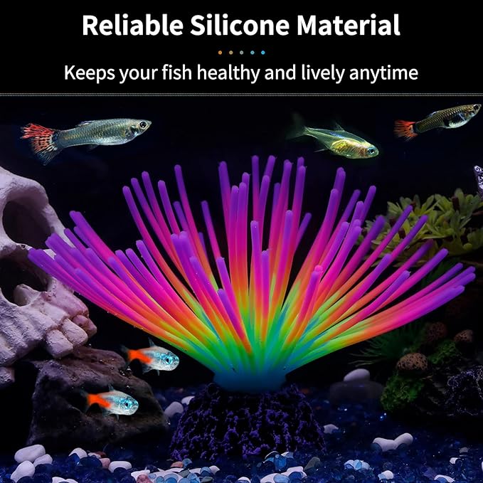 Uniclife Aquarium Imitative Rainbow Sea Urchin Ball Artificial Silicone Ornament with Glowing Effect for Fish Tank Landscape Decoration UnicLife