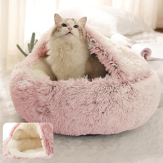 ShinHye Cat Bed Round Plush Fluffy Hooded Cat Bed Cave, Cozy for Indoor Cats or Small Dog beds, Soothing Pet Beds Doughnut Calm Anti-nxiety Dog Bed - Waterproof Bottom Washable, (23×23inch, Pink) - PAWPICO