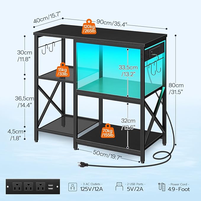 HOOBRO 20-29-37 Gallon Fish Tank Stand with Power Outlets and LED Light, Aquarium Stand with Storage Shelves, 35.4" L x 15.7" W, Reptile Tank Stand with Stable Metal Frame, Black BK80UDFT01 HOOBRO