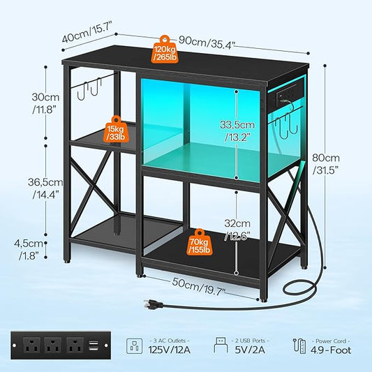 HOOBRO 20-29-37 Gallon Fish Tank Stand with Power Outlets and LED Light, Aquarium Stand with Storage Shelves, 35.4" L x 15.7" W, Reptile Tank Stand with Stable Metal Frame, Black BK80UDFT01 HOOBRO