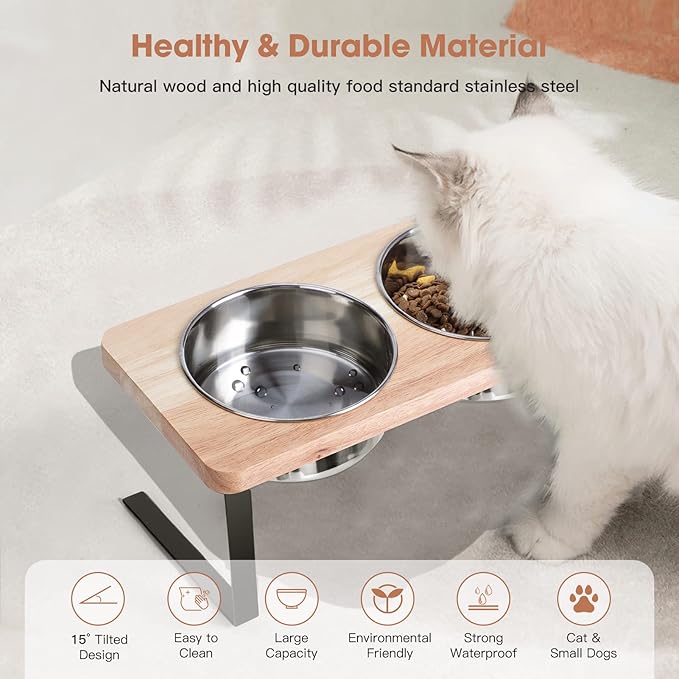 Elevated Cat Bowls, 15° Tilted Raised Cat Food Bowls Wood Pet Bowls with Stand Anti Vomiting 2 Stainless Steel Bowls for Cats and Puppy - PAWPICO