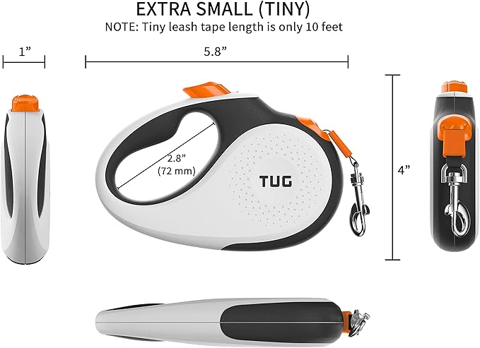 TUG Tiny 360° Tangle-Free Retractable Dog Leash with Anti-Slip Handle | 10 ft Nylon Tape | One-Handed Brake, Pause, Lock (White/Orange) TUG