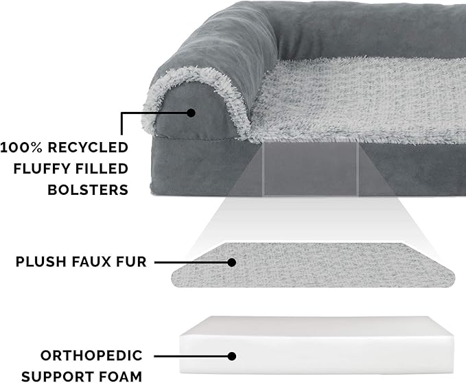 Furhaven Orthopedic Dog Bed for Large Dogs w/ Removable Bolsters & Washable Cover, For Dogs Up to 125 lbs - Two-Tone Plush Faux Fur & Suede L Shaped Chaise - Stone Gray, Jumbo Plus/XXL - PAWPICO