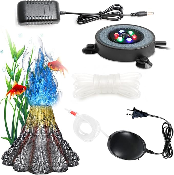 LED Aquarium Bubble Light with Air Pump, Aquarium Volcano Ornament Kit, Fish Tank Oxygenation with 6 LEDs Waterproof Volcanic Decoration Auiaerty