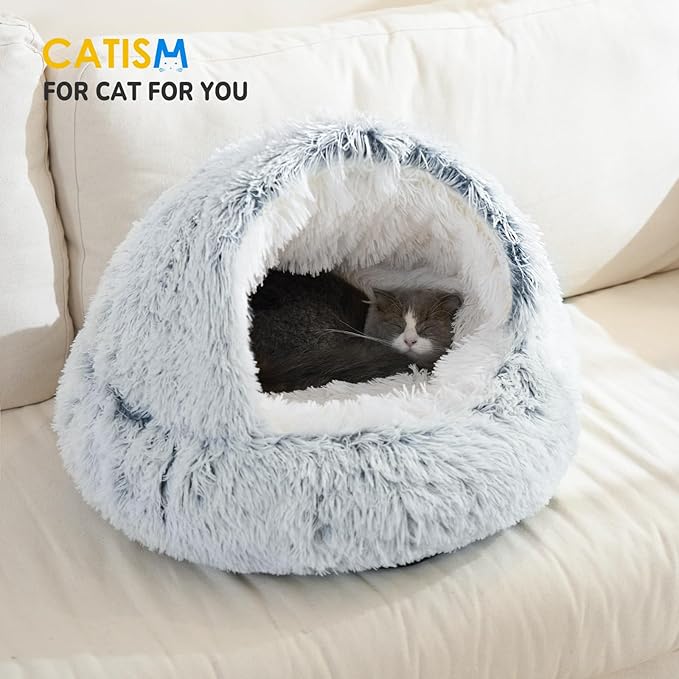 CATISM Cat Bed, Plush Hooded Cat Beds for Indoor Cats, Calming Cat Nest, Self Warming Cat Bed Cave, Cozy Cat Pod for Indoor Cat or Small Dog, Removable Washable Cat Cove with Non-Slip Bottom - PAWPICO
