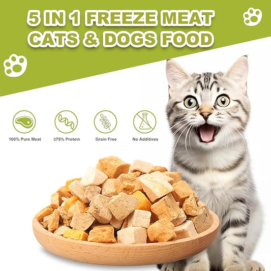 Freeze Dried Chicken Duck Salmon Cube - Cat Dog Dices Food Treats 5 in 1 Raw Egg Yolk High Protein Snacks Easy Digestion Pet Food No Fillers Preservatives or Additives for Training(5 OZ) - PAWPICO