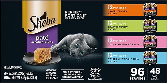 Sheba Perfect Portions Paté Wet Cat Food Variety Pack, Savory Chicken Entrée, Roasted Turkey Entrée, With Sustainable Salmon, and Tender White Fish & Tuna Entrée, 2.6 oz. Trays (48 Count, 96 Servings) - PAWPICO