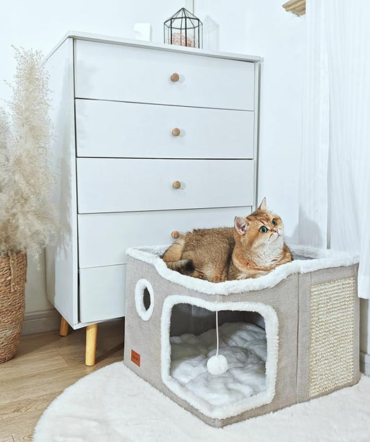 Large Cat Cave Bed for Indoor Cats, Cats Cube House with Scratch Pad Cat Condo Hideaway Tente Hut with Washable Sherpa Warm Soft Cat Mat, Cute Cat Beds Furniture, Modern Dog Bed,Beige - PAWPICO