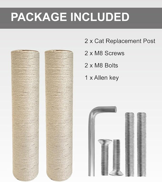 2 PCS M8 Cat Scratching Post Replacement, 15.7 x 3.3 inch Sisal Pole Cat Tree Replacement Post with Screws, Refill Sisal Rope Scratcher Posts for Indoor Kitten Tree Tower Spare Cat Furniture Protector - PAWPICO
