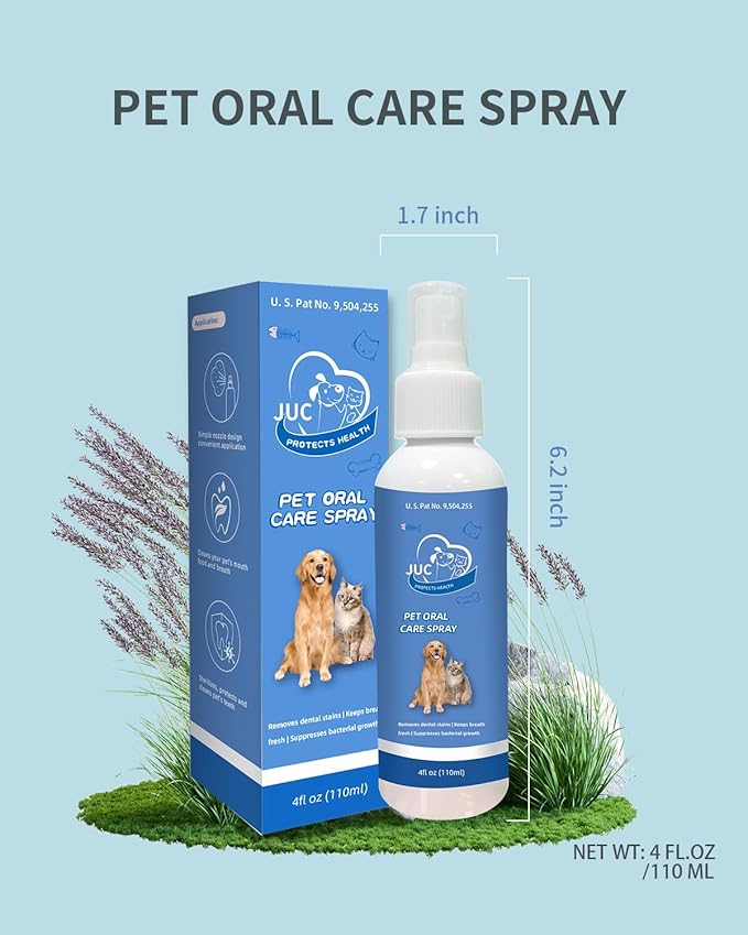 JUC Dog Breath Freshener for Dogs & Cats Teeth Cleaning Spray Dog Bad Breath Pet Oral Care Spray 4fl.oz JUCoralhealthexpertwithnumerouspatentsandtopcertificationsinvitesyoutoexploreouroralfreshnesssprayBrowseNow