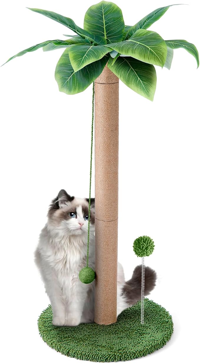 Odoland Cat Scratching Post - Indoor 33 inch Palm Tree Sisal Scratch Posts with Dangling Balls for Kitten and Large Cat - Vertical Scratcher Cute Cat Scratching Post Fun Cat Toy Green - PAWPICO