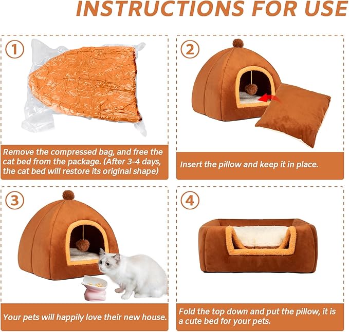 Cat Bed Cave for Indoor Cats,Cat House Tent Bed with Removable Washable Cushioned Pillow, 2-in-2 Kitten Beds for Indoor Kittens,Pet Bed - PAWPICO