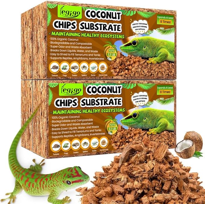 Legigo 4 Pack Coconut Chip Substrate for Reptiles, Natural Coco Husk Chip Reptiles Bedding, Compressed Coconut Chip Substrate for Snake, Tortoise, Ball Python, Gecko, Lizard Terrarium Tanks Legigo