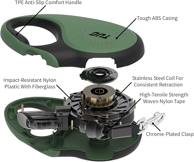 TUG 360° Tangle-Free Retractable Dog Leash with Anti-Slip Handle | 16 ft Strong Nylon Tape | One-Handed Brake, Pause, Lock (Medium, Green) TUG