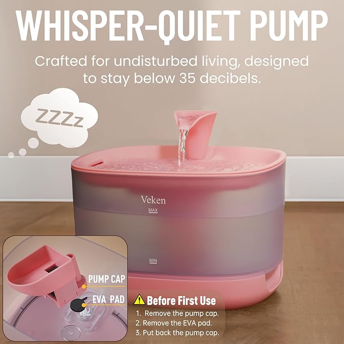 Veken Cat Water Fountain, 84oz/2.5L Automatic Pet Water Fountain Dog Water Dispenser with a Detachable Water Tank, Easy Cleaning for Cats, Dogs (Pink) - PAWPICO