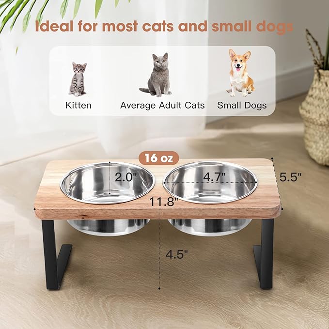 Elevated Cat Bowls, 15° Tilted Raised Cat Food Bowls Wood Pet Bowls with Stand Anti Vomiting 2 Stainless Steel Bowls for Cats and Puppy - PAWPICO