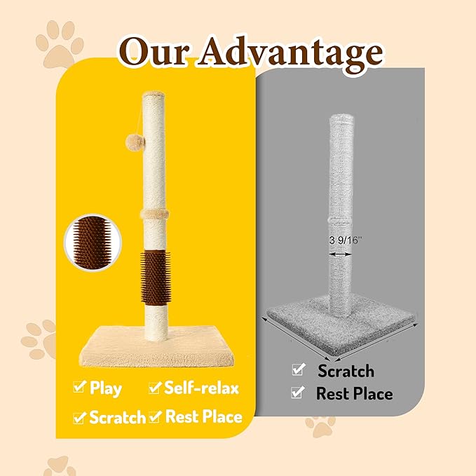 MeowHomm 32" Cat Scratching Post with Self Groomer Cat Brush, Sisal Rope Tall Cat Scratching Post with Soft Hanging Ball for Indoor Cats, Cat Claw Scratcher Covered with Soft Smooth Plush - PAWPICO