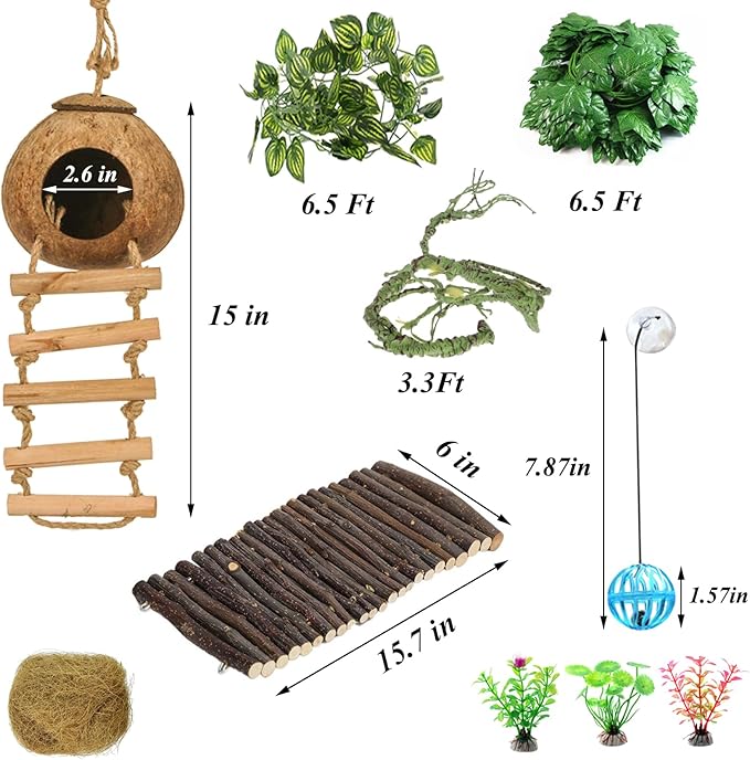 Crested Gecko Tank Accessories,Reptile Vines Plants with Coconut Shell Ladder Hideout Hermit Crab Decor for Bearded Dragon Lizard Chameleon Tortoise Snake BUYNOW