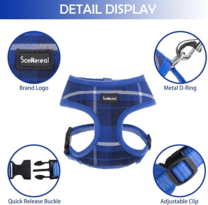 SCENEREAL Puppy Dog Harness with Leash Set for Small Medium Sized Dogs, Soft Mesh Step in Pet Harnesses and Leash, No Chock Plaid Adjustible No Pull Vest for Dogs Cats, Chihuahua,Bulldog (Blue M) - PAWPICO