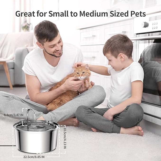 Tomxcute Cat Water Fountain, 3.2L/108oz Automatic Stainless Steel Pet Fountain Dog Water Dispenser, Ultra-Quiet Pump and 3 Replacement Filters & for Cats, Dogs, Multiple Pets - PAWPICO