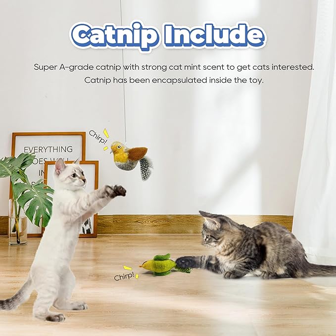 LEWISER Cat Toys Chirping Tit 2 Pcs with Catnip SilverVine, Suitable for Cat Wand Toys, Simulation Bird Design, Interactive Toys for Indoor Kitty Kitten Exercise, Green and Ground - PAWPICO