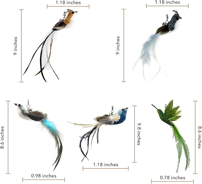 Deluxe Bird Replacement Heads for Cat Toys - Set of 5 - Realistic Feather Designs Including Blue Floral, Two-Tone, Traditional, Black & White, Green Hummingbird - Easy Clip-On - PAWPICO