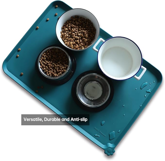 Hoki Found Large Silicone Pet Food Mats Tray - Non Slip Pet Dog Cat Bowl Mats Placemat - Dog Pet Cat Feeding Mat - Waterproof Dog Cat Food Mats -Pet Water Mats for Carpet - Sicilian Ocean - PAWPICO