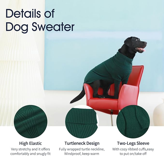 IECOii Extra-Large Dog Sweater 4XL,Christmas Dog Sweaters for Extra Large Dogs Girl Boy,Turtleneck Knitted Knitwear for Pet,Easy On Doggie Sweatshirt Dog Sweater for Doberman,Great Dane(Green,XXXXL) - PAWPICO