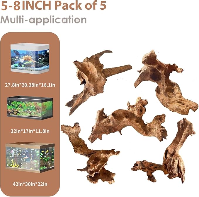 Natural Small Coral Driftwood for Aquarium Decor Fish Tank Decorations Reptile Decor, Assorted Driftwood Branch 5-8" Pack of 5 Jorewood