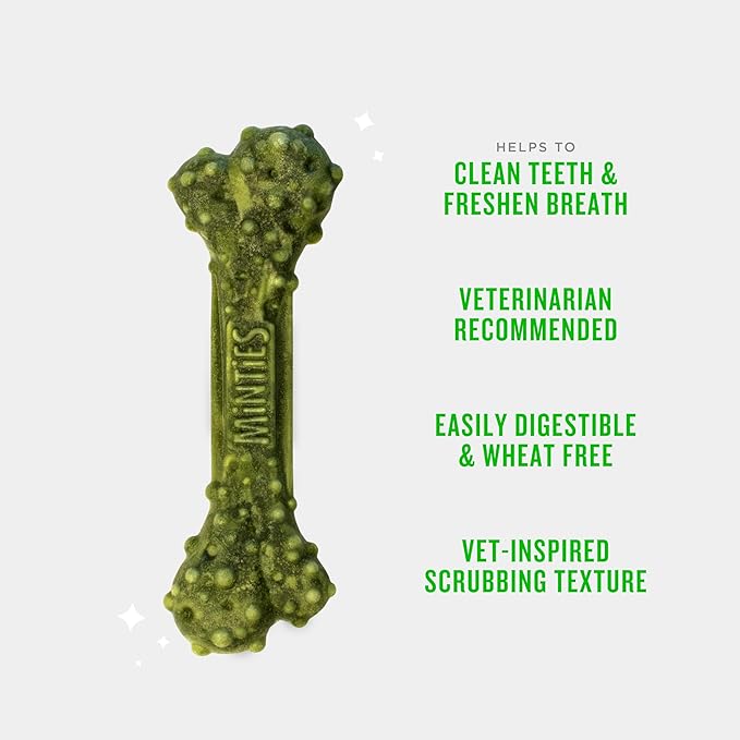 Minties Dental Chews for Dogs, 60 Count, Vet-Recommended Mint-Flavored Dental Treats for Medium Dogs 25-50 lbs, Dental Bones Clean Teeth, Fight Bad Breath, and Removes Plaque and Tartar Minties