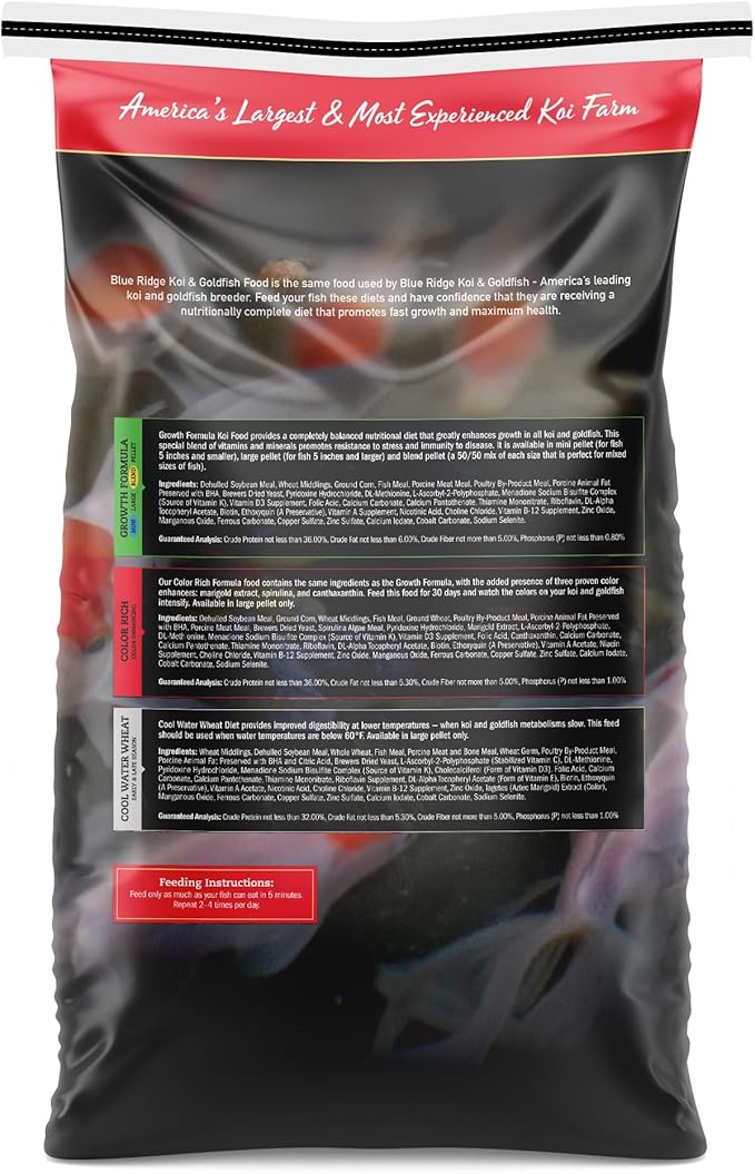 Blue Ridge Koi Fish Food 25lb - Koi Food 3/16” Large and Mini Blend Growth Formula, Goldfish Food, Premium Fish Food for Ponds, Ponds Fish Food, Floating Pond Pellets BlueRidgeFishHatchery