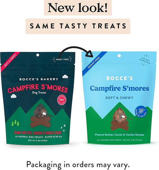 Bocce's Bakery Campfire S'Mores Treats for Dogs, Wheat-Free Everyday Dog Treats, Made with Real Ingredients, Baked in The USA, All-Natural Soft & Chewy Cookies, Peanut Butter, Carob, & Vanilla, 6 oz - PAWPICO