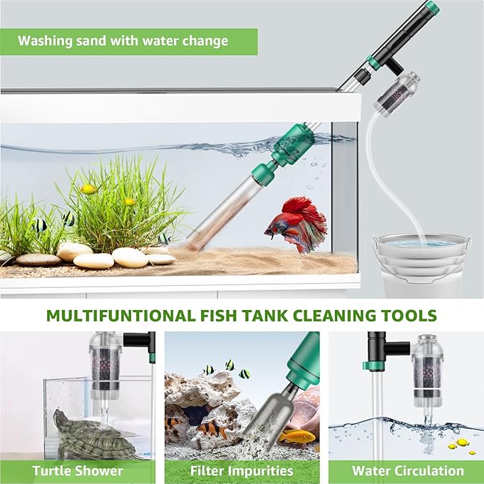 24W Fish Tank Vacuum Gravel Cleaner: Electric Aquarium Vacuum Cleaner with Strong Suction for Automatic Water Change, Remove Dirt Sand Wash Water Shower and Water Circulation, Timed Off Suness