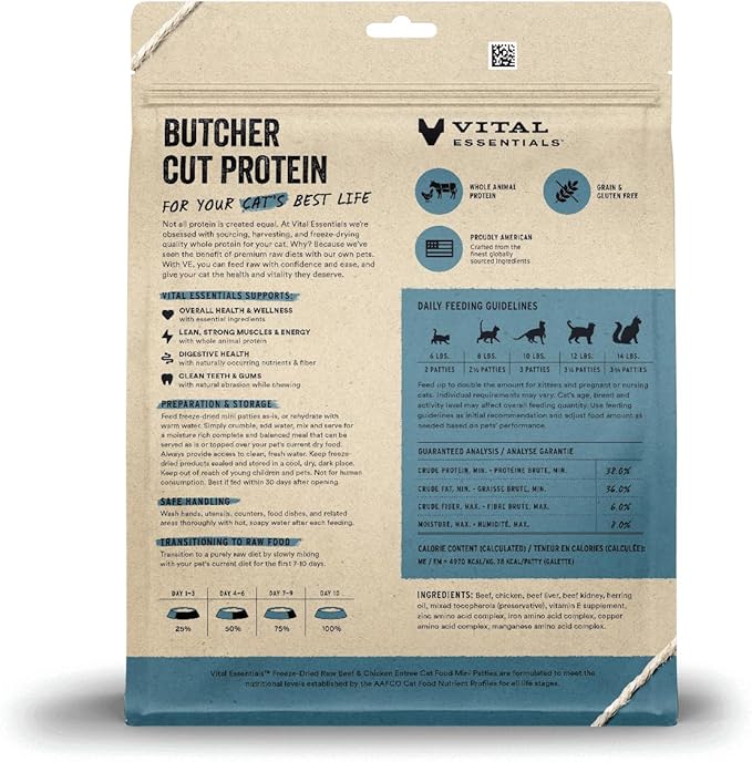 Vital Essentials Freeze Dried Raw Cat Food, Beef & Chicken Mini Patties Entree, 15 oz VitalEssentials