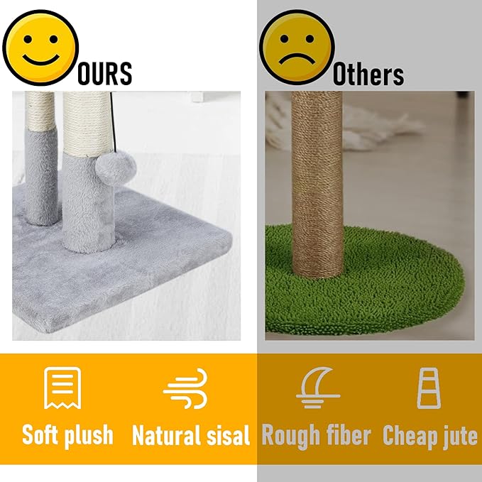 Dimaka Tall Cat Scratching Post, Double Lower Posts Extra Stable Cat Post Tree Scratcher with Sisal Rope and Teasing Balls, 4 Balls Total Large Base (Grey 26" - PAWPICO