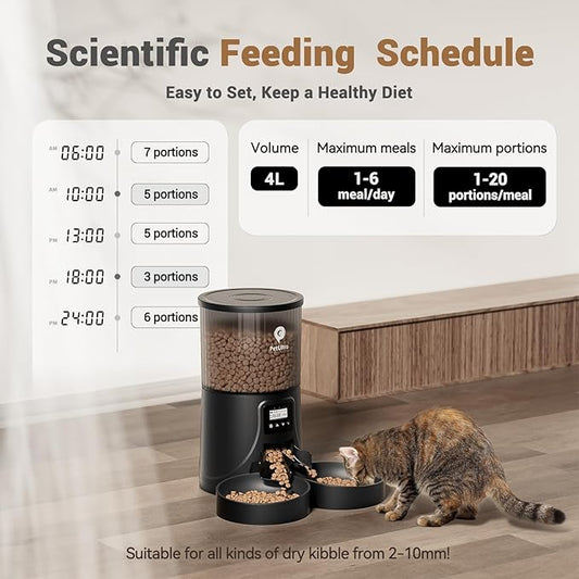 Dual Automatic Cat Feeder: Cat Feeder Automatic for 2 Cats- Timed Auto Feeder 16 Cups/4L Cat Food Dispenser& Dual Power Auto Pet Feeder for Indoor Cat&Dog| 1-6 Meals Portions Control, Black - PAWPICO