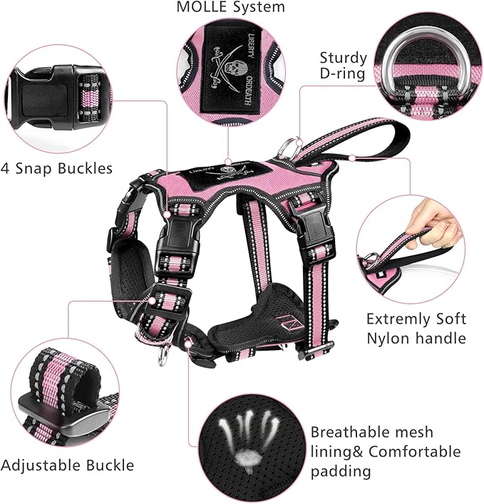 WINSEE Pet Harness Collar and Leash Set, All-in-one Reflective Dog Harness No Pull with Adjustable Buckles for Puppies, Small, Medium, Large, and Extra-Large Dogs (X-Large, Pink) - PAWPICO