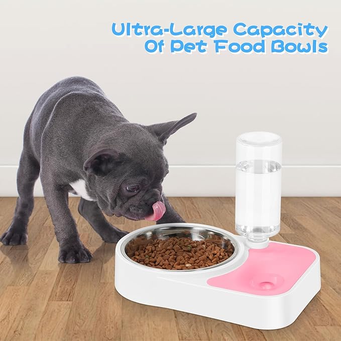 JUST RUN Double Dog Cat Bowls, 6.9" Dia Food Bowl and 11.6" L Water Bowl with Automatic Water Dispenser, Stainless Steel, Suitable for Small Dogs, Puppies, and Cats - PAWPICO