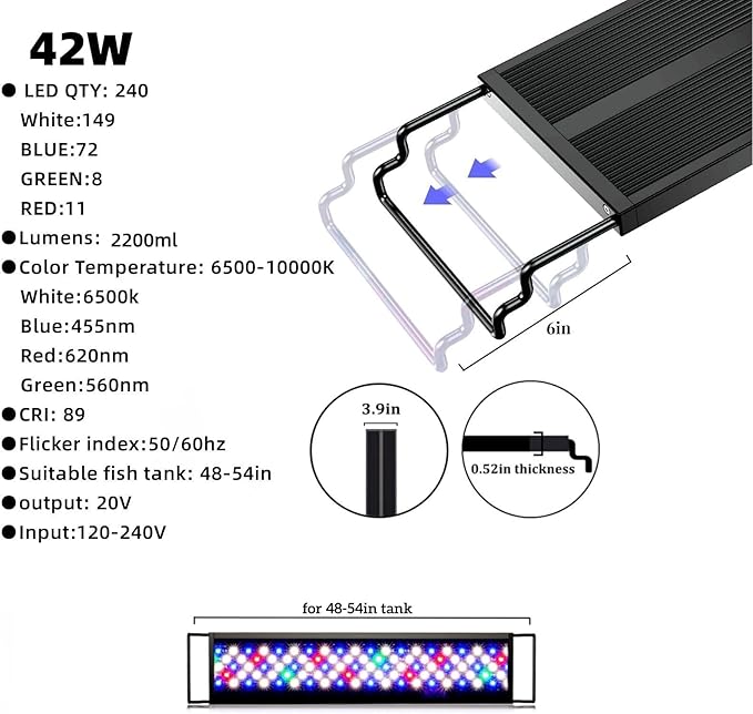 42w led Aquarium Light,Sunrise/Daylight/Moonlight, DIY Mode, Adjustable Timer/Color Temperature/Brightness, Full Spectrum, Aluminum Fish Tank Light for 48-54 inch VISTALUM