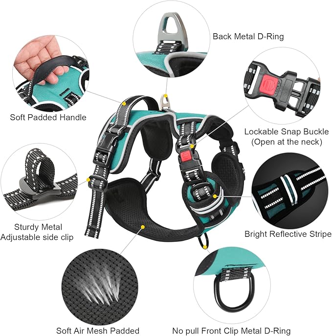 Timos No Pull Dog Harness,NO Need Go Over Dogs Head 3 Snap Buckles Reflective Oxford No Choke Puppy Harness with Front & Back 2 Metal Leash Clips Soft Padded Vest Harnesses for Small Medium Large Dogs Timos