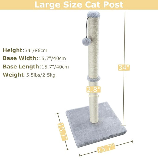 Dimaka 34" Tall Cat Scratching Post for Large Cats and Kittens, High Vertical Scratcher with Premium Natural Sisal Rope and Interactive Hanging Ball for Indoor Cats(Grey, 34 inches) - PAWPICO