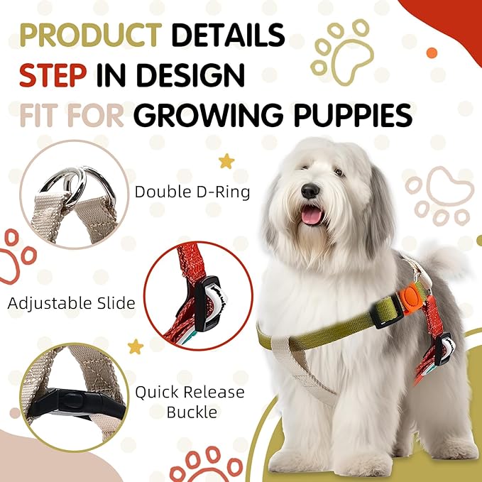Tri-Color Dog Harness, Adjustable, No Pull, Easy Walk, Large, Red/Yellow/White Pawhuggies