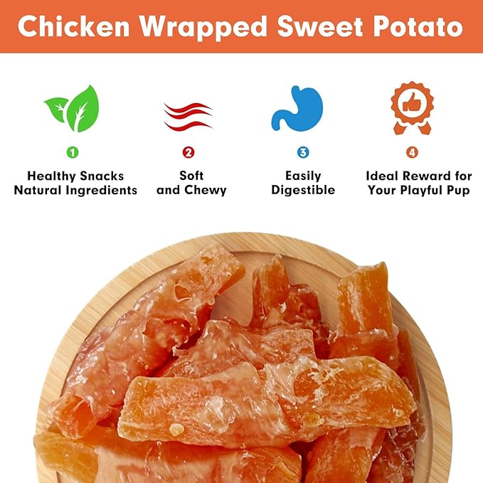 MON2SUN Dog Treats Rawhide Free Chicken Wrapped Sweet Potato Dog Snacks, Gluten & Grain Free, Suitable for Puppy and Small Dogs (Chicken, 10 Ounce - Pack of 5) - PAWPICO