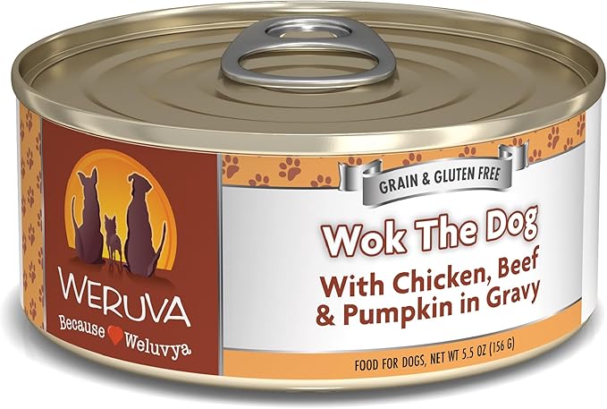 Weruva Classic Dog Food, Wok The Dog with Chicken, Beef & Pumpkin in Gravy, 5.5oz Can (Pack of 24), Brown - PAWPICO