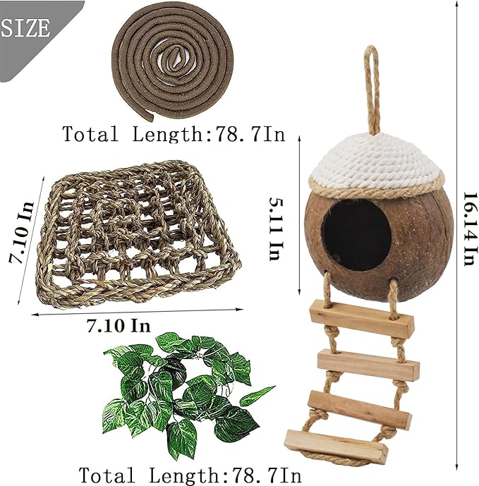 Leopard Gecko Coconut Hut with Ladder,Grested Gecko Coco Den Lizards Hanging Coconut Shell Hideout Cave Reptiles Tank Accessories Climbing Hanging Plants Jungle Vine Flexible Leaves Decor MUYG