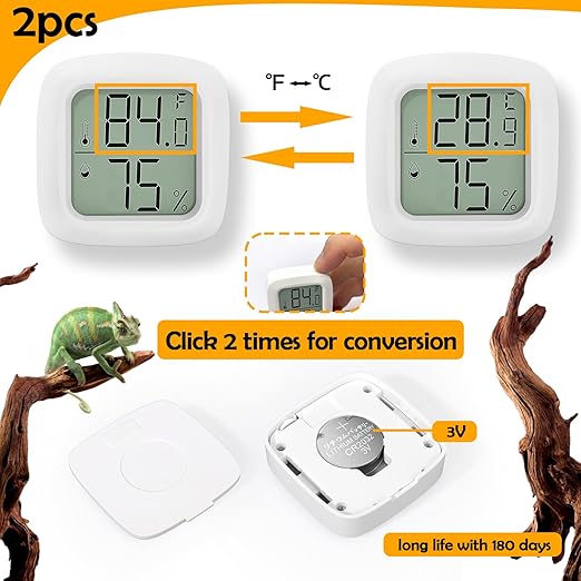 2 PCS Reptile Thermometer and Humidity Gauge for Reptile Tank with On-Off, Reptile Tank Accessories for Jumping Spider, Leopard Gecko, Hermit Crab, Gecko, Ball Python, Lizard BSRESIN
